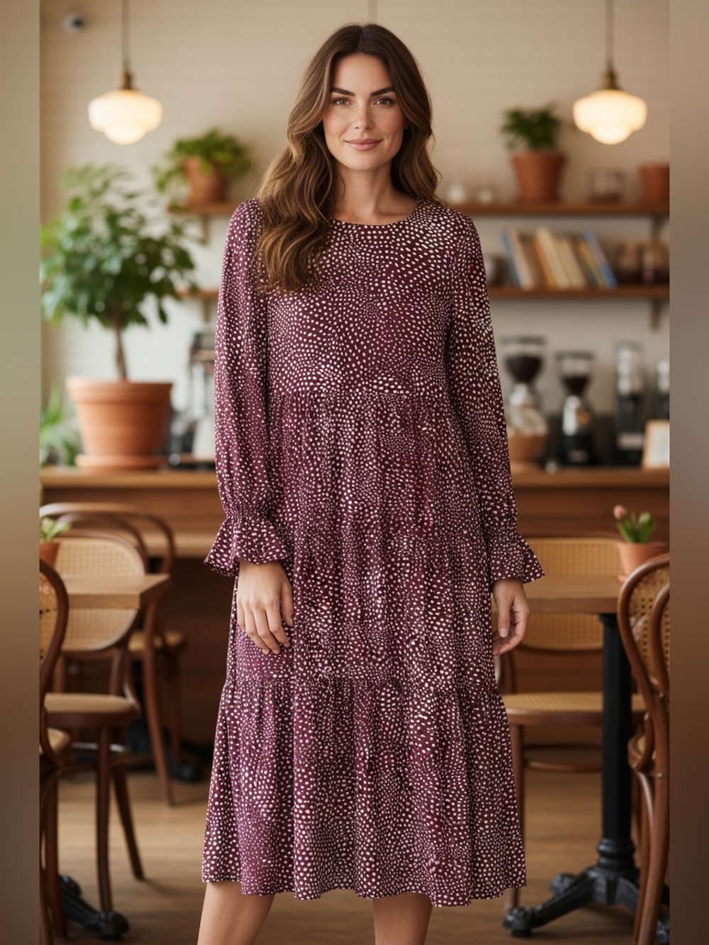 Love Riche Burgundy Polka Dot Tiered Long-Sleeve Dress